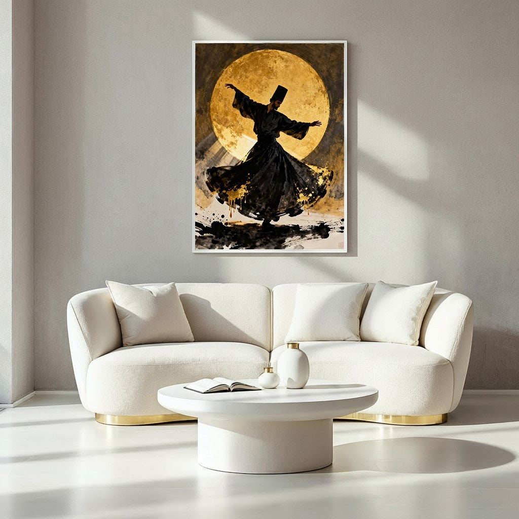 Wadi Home Whirling Dervish artwork, black silhouette against a golden moon, spiritual dance, contemplative art.