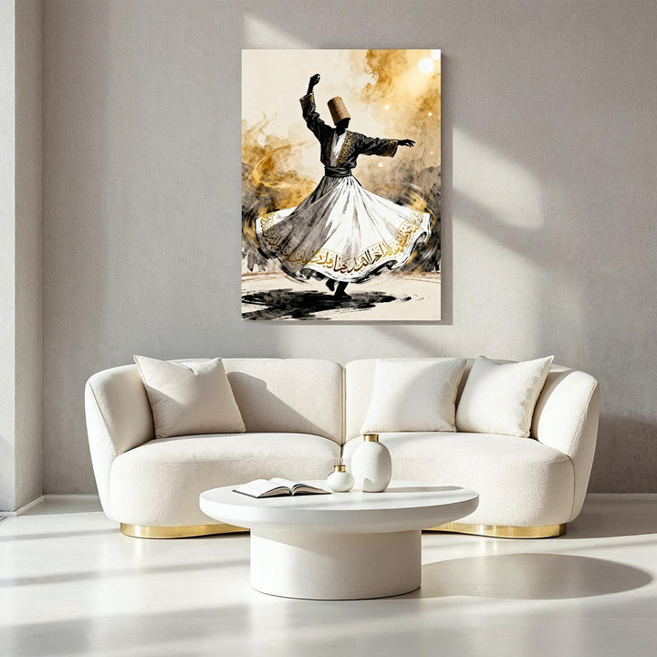 Wadi Home Whirling Dervish artwork in watercolor style, featuring a dancer in white skirt with Arabic calligraphy, against golden smoky background.