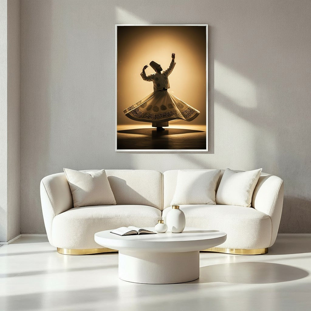 Wadi Home Whirling Dervish wall art in warm golden hues, capturing the dancer's motion and intricate attire.