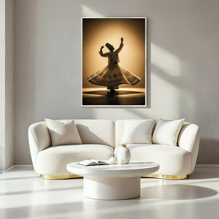Wadi Home Whirling Dervish wall art in warm golden hues, capturing the dancer's motion and intricate attire.