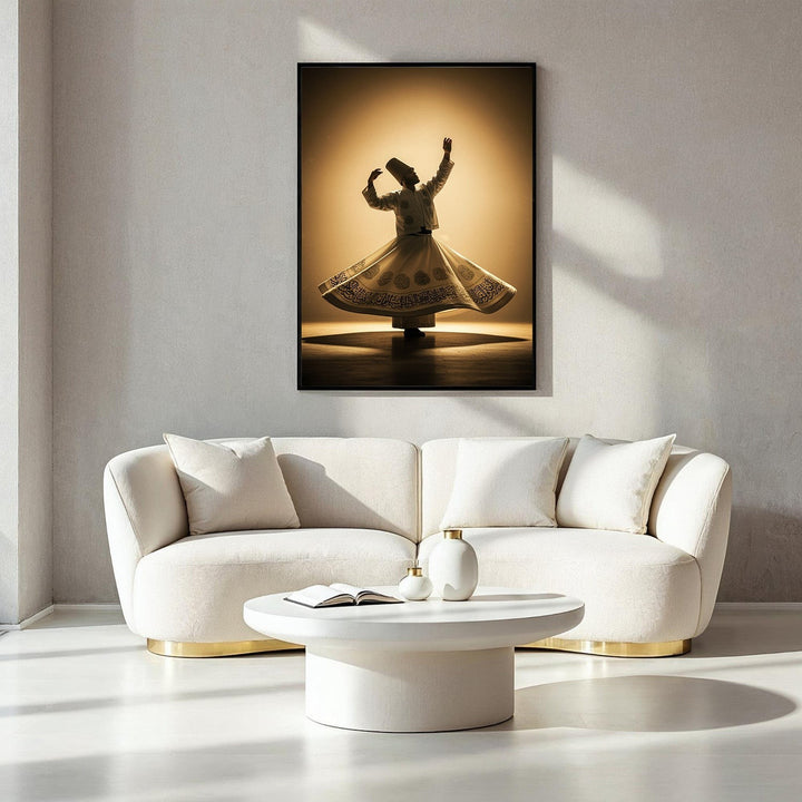 Wadi Home Whirling Dervish wall art in golden hues, capturing dancer's motion and intricate attire. Framed artwork for serene decor.