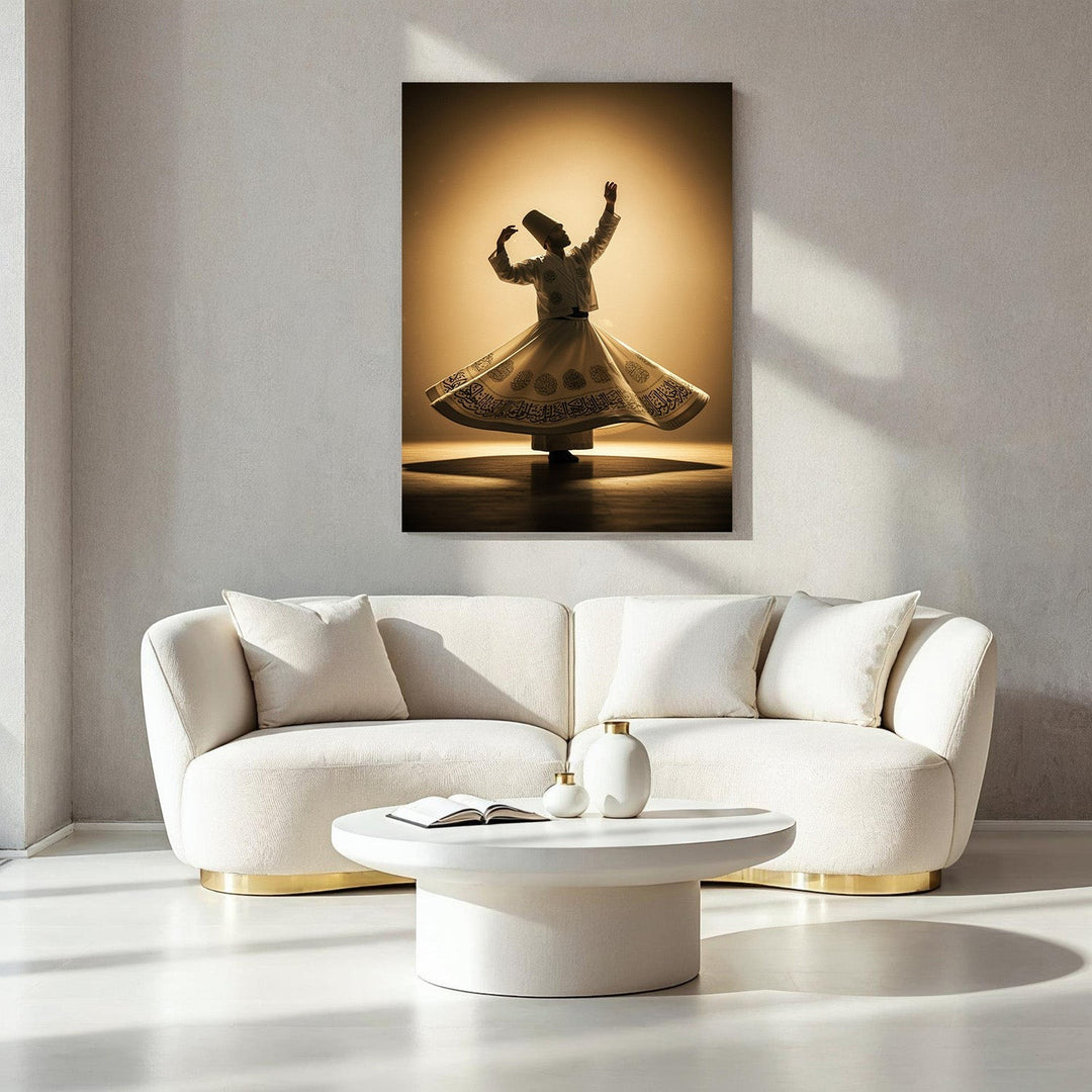 Wadi Home Whirling Dervish wall art, a man in traditional white robes and hat spinning, golden hues, intricate patterns on skirt.