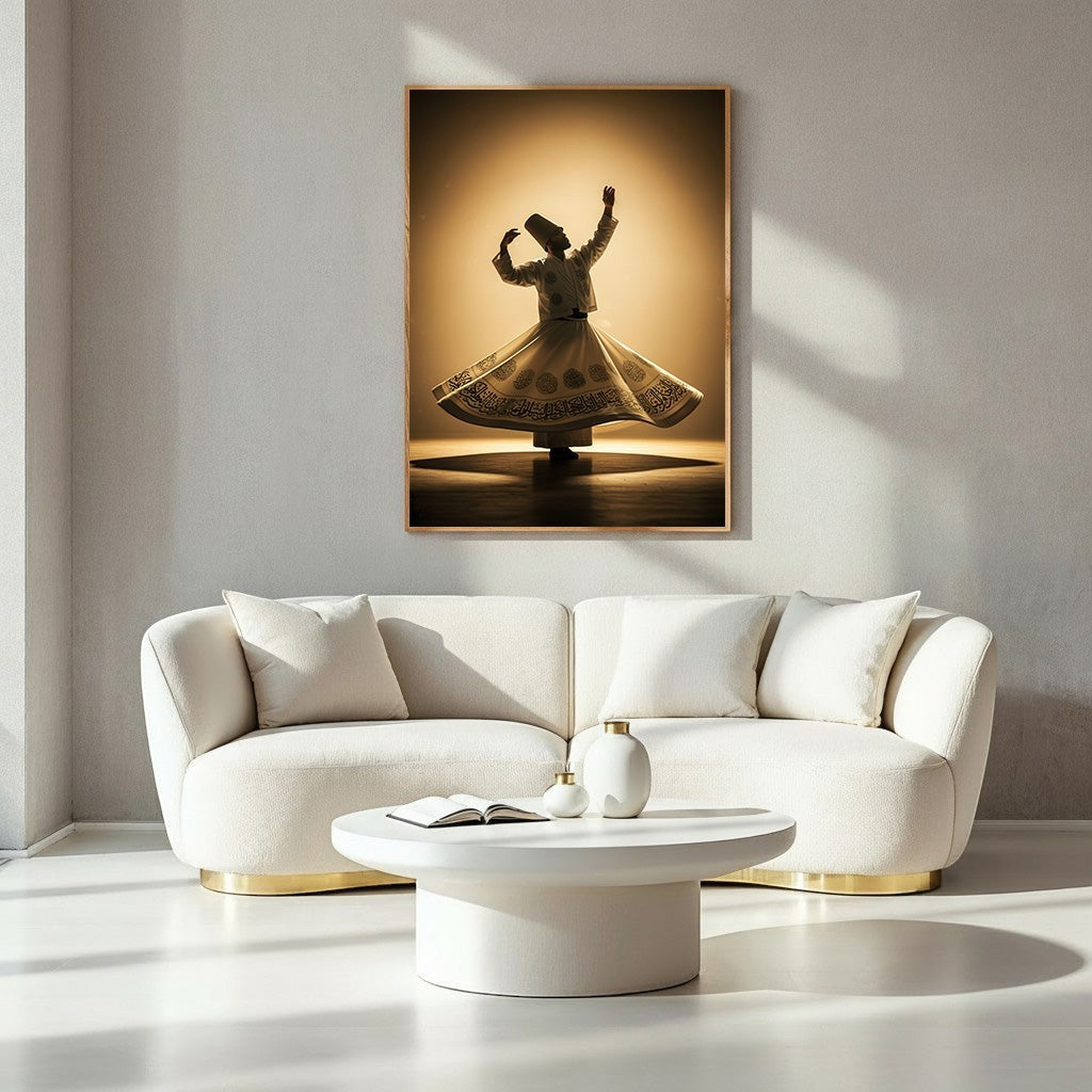Wadi Home Whirling Dervish wall art in warm golden hues, depicting a dervish in mid-spin with intricate details on attire.