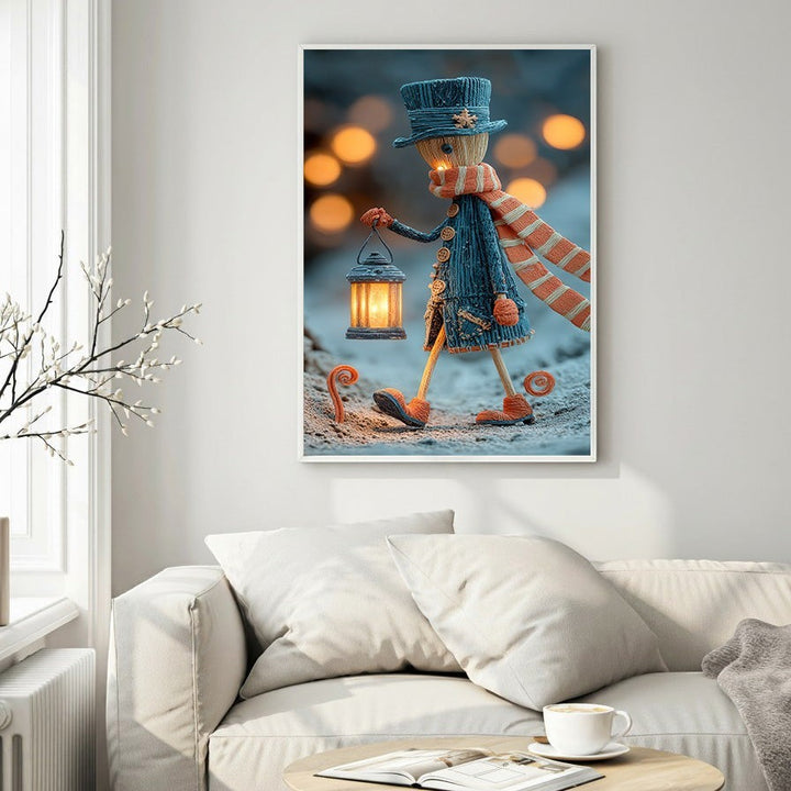 Wadi Home whimsical winter character wall art featuring a blue coat, orange striped scarf, hat, and lantern.