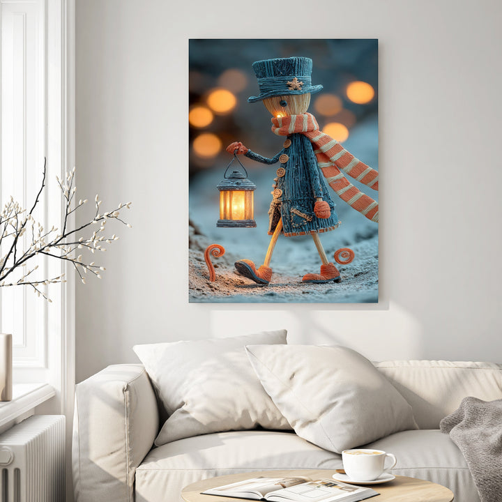 Wadi Home Whimsical winter character in blue coat, striped scarf, and hat holding a glowing lantern.