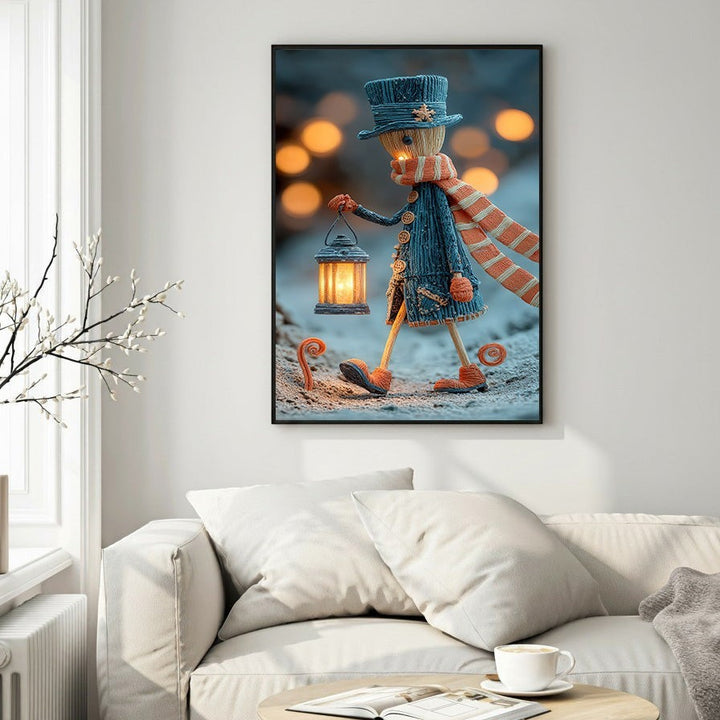 Wadi Home whimsical winter character wall art with blue coat, striped scarf, and glowing lantern.