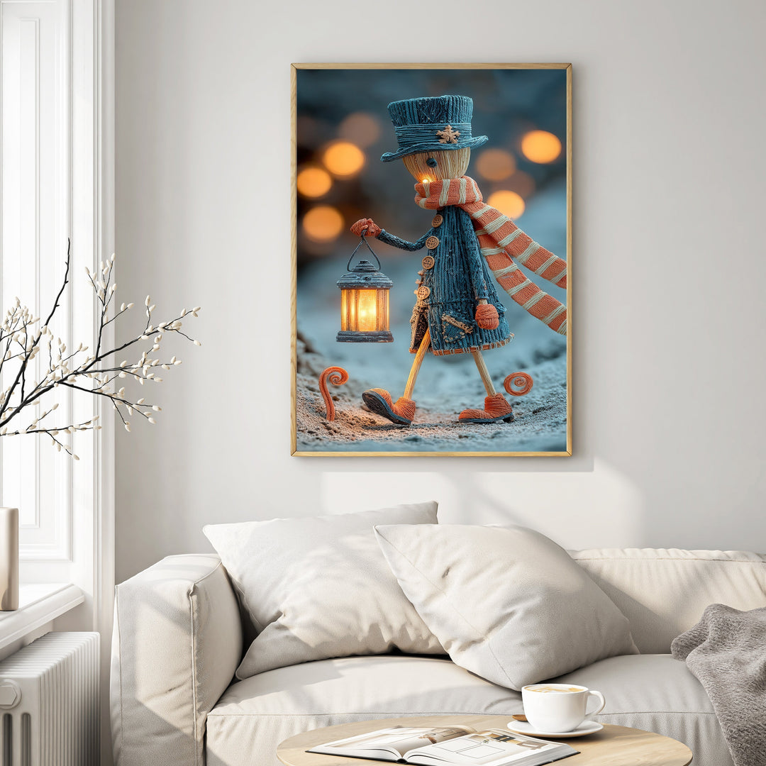 Wadi Home whimsical winter character in blue coat and striped scarf holding a lantern, festive wall art.