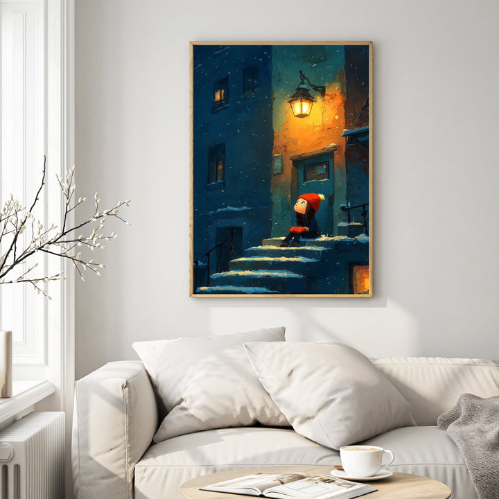 Wadi Home winter evening scene wall art featuring a child in a red hat sitting on snow-covered steps, illuminated by a warm lantern.