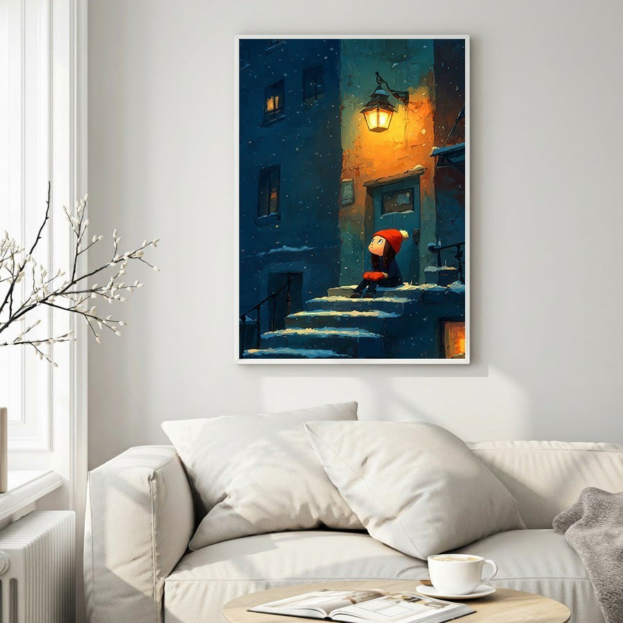 Wadi Home winter scene wall art: child in red hat sits on snow-covered steps under a warm lantern light.