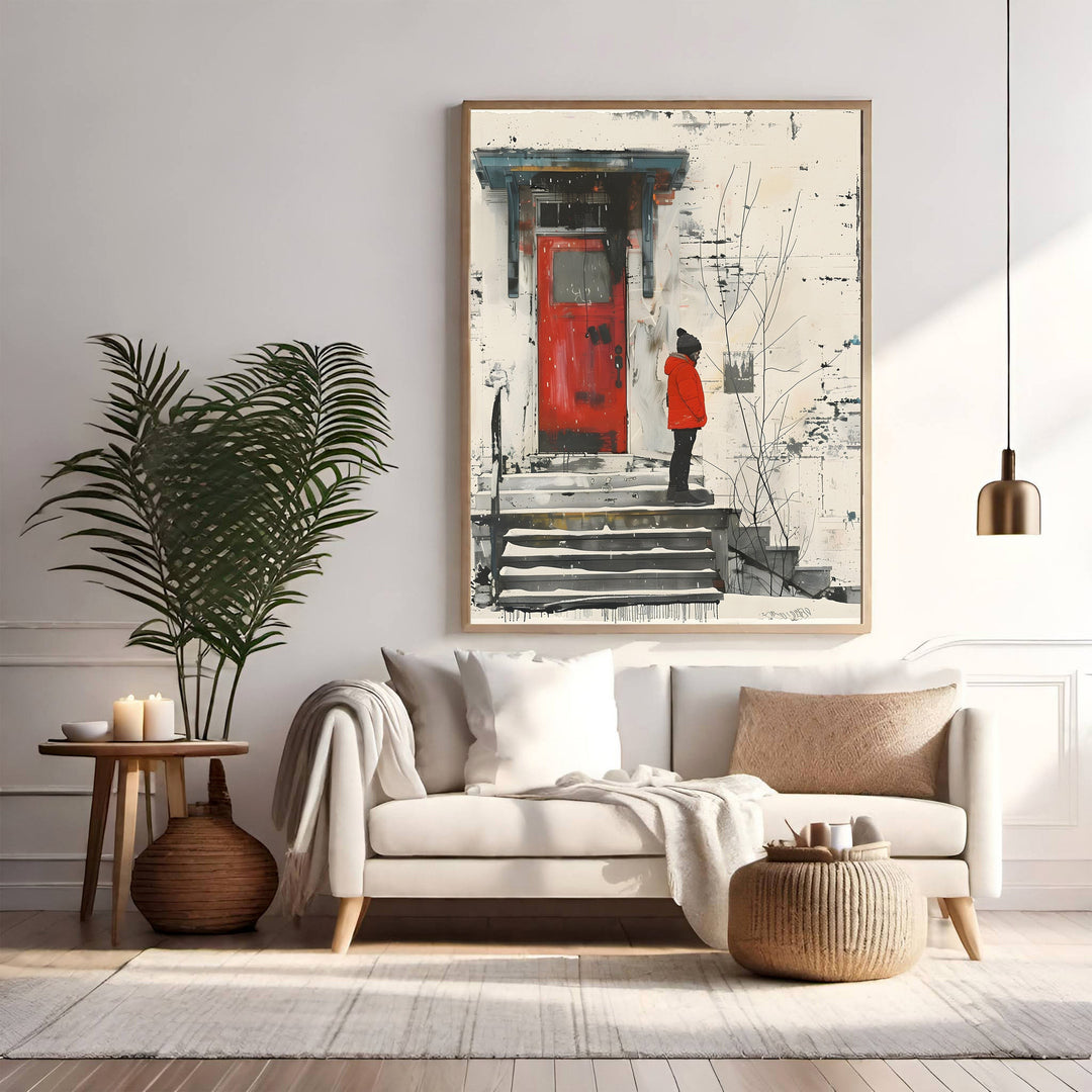Wadi Home winter doorway artwork: child in red coat on snow-dusted steps before a red door. Textured, painterly style.