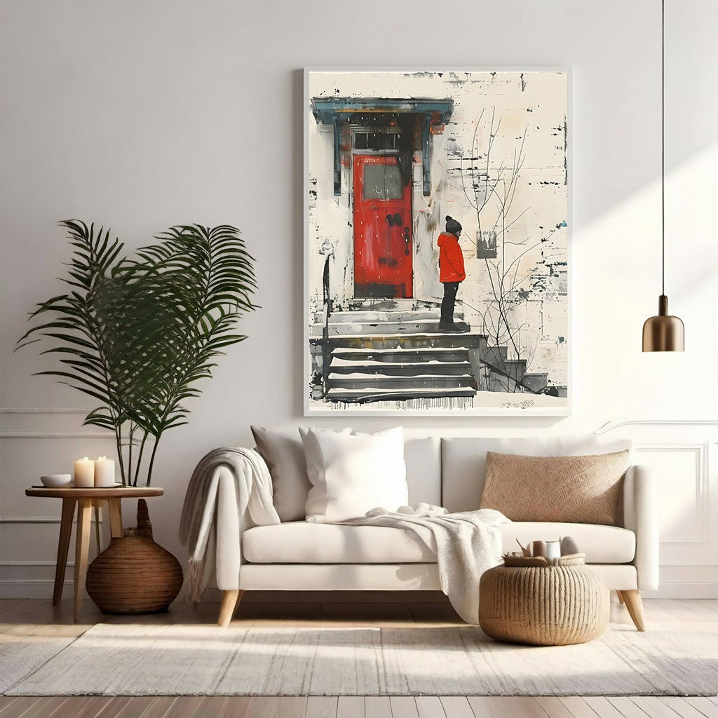 Wadi Home artwork: child in red coat on snow-dusted steps before a red door, textured painterly style, winter scene.