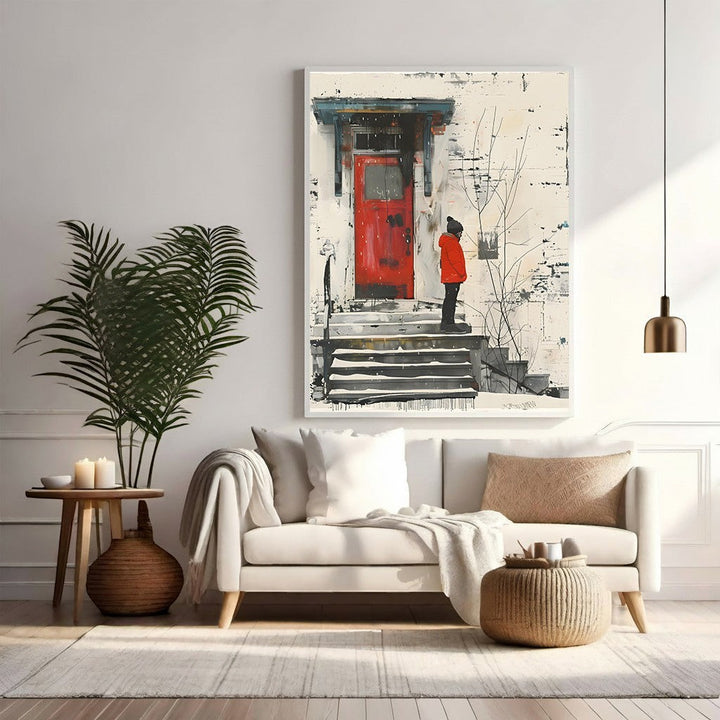 Wadi Home artwork: child in red coat on snow-dusted steps before a red door, textured painterly style, winter scene.