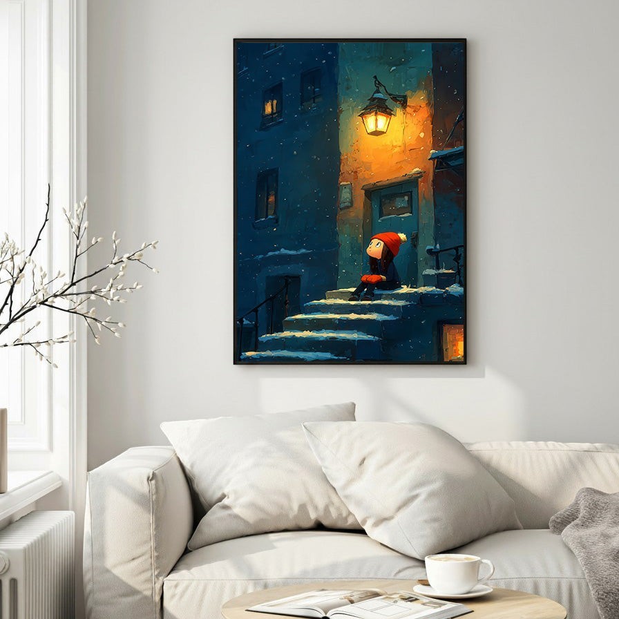 Wadi Home winter evening scene wall art with child in red hat sitting on snow-covered steps under a lantern.