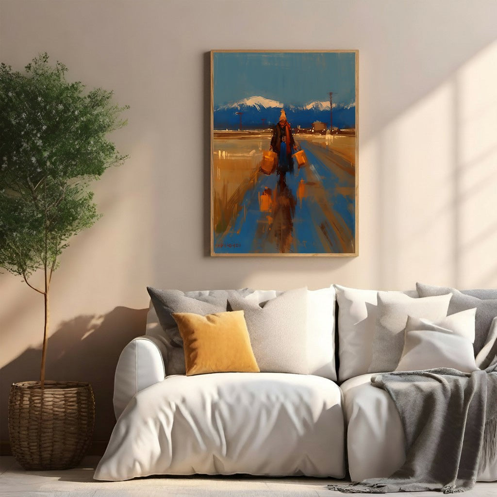 Wadi Home winter landscape painting of a lone figure with luggage walking on a wet path towards snow-capped mountains.