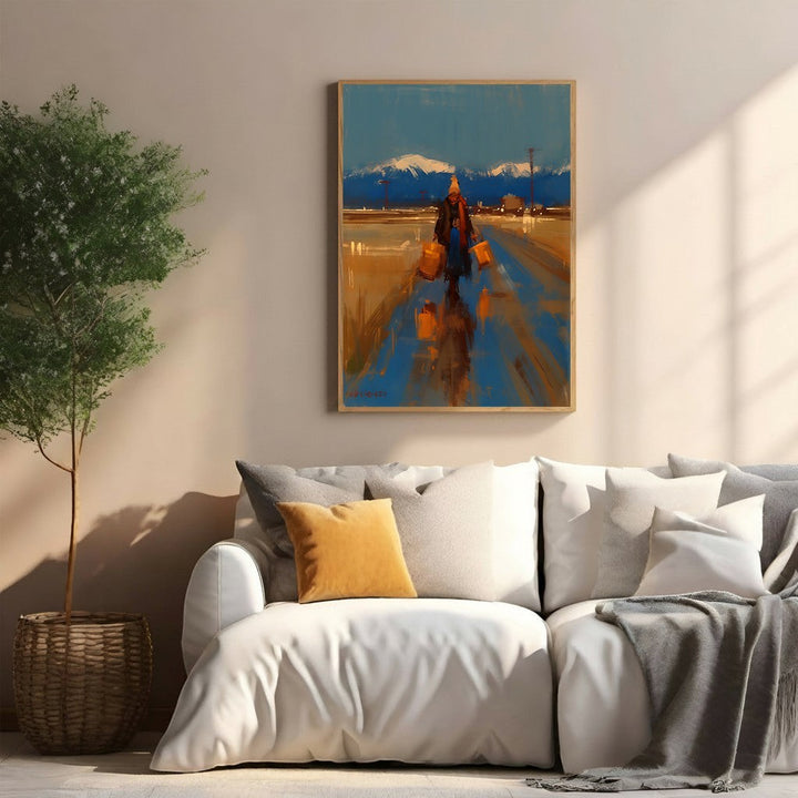 Wadi Home winter landscape painting of a lone figure with luggage walking on a wet path towards snow-capped mountains.