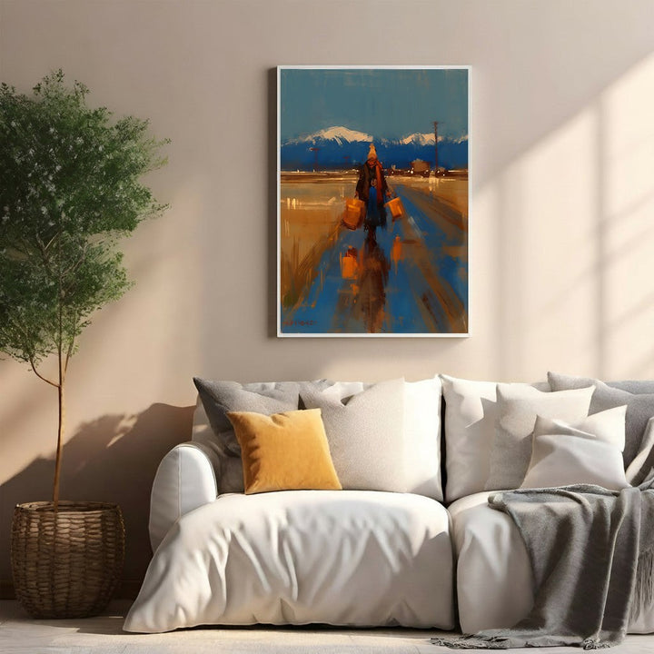 Wadi Home winter landscape painting of a lone figure with luggage on a wet path towards snow-capped mountains.