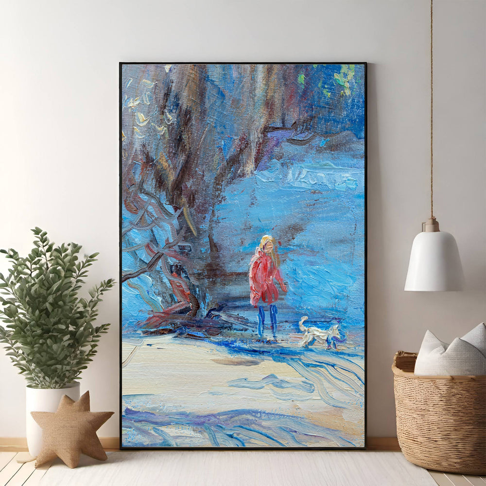 Wadi Home impressionist oil painting of a woman in a red coat walking a white dog in a snowy landscape with blue hues.