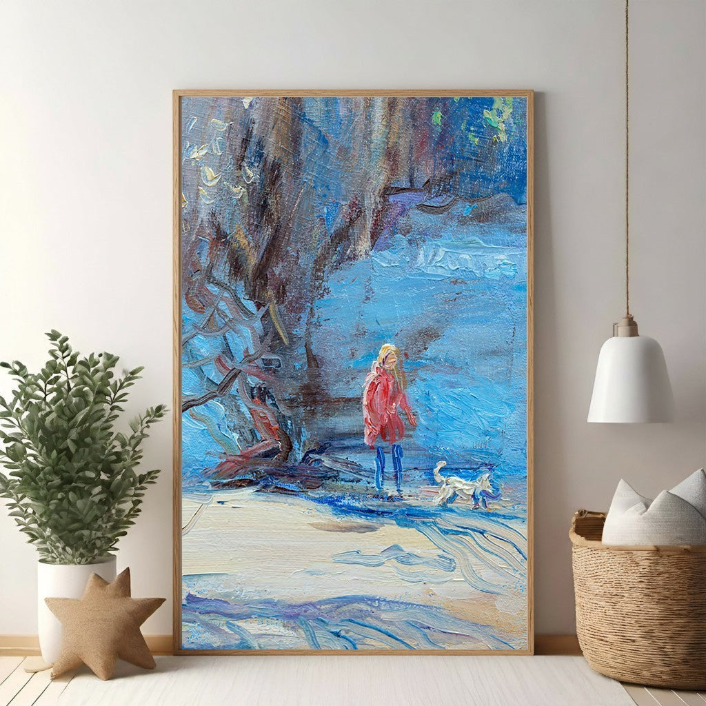 Wadi Home impressionist oil painting of a woman in a red coat walking a white dog in a snowy landscape with textured blue brushstrokes.