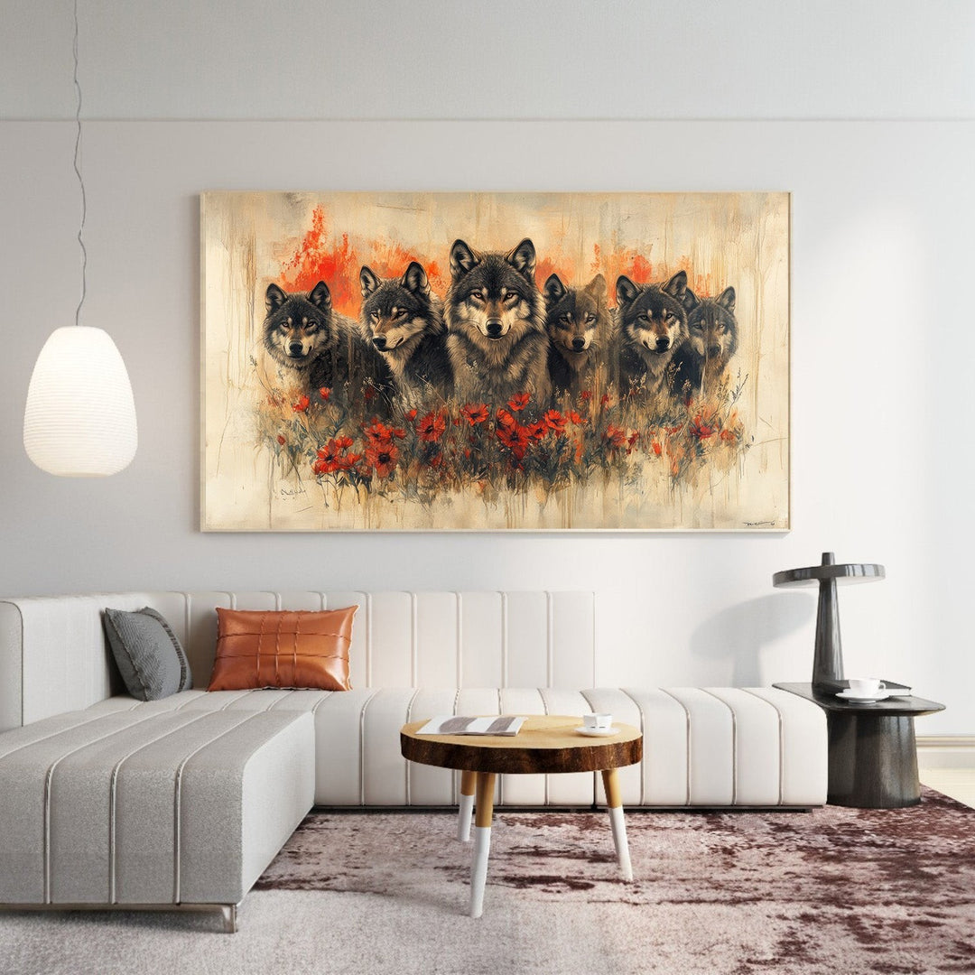 Wadi Home Wolf Pack in Field of Poppies canvas print, featuring a pack of wolves in a painterly style amidst red poppies.