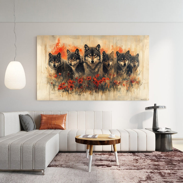 Wadi Home wolf pack canvas print with red poppies, painterly style, warm earthy tones.