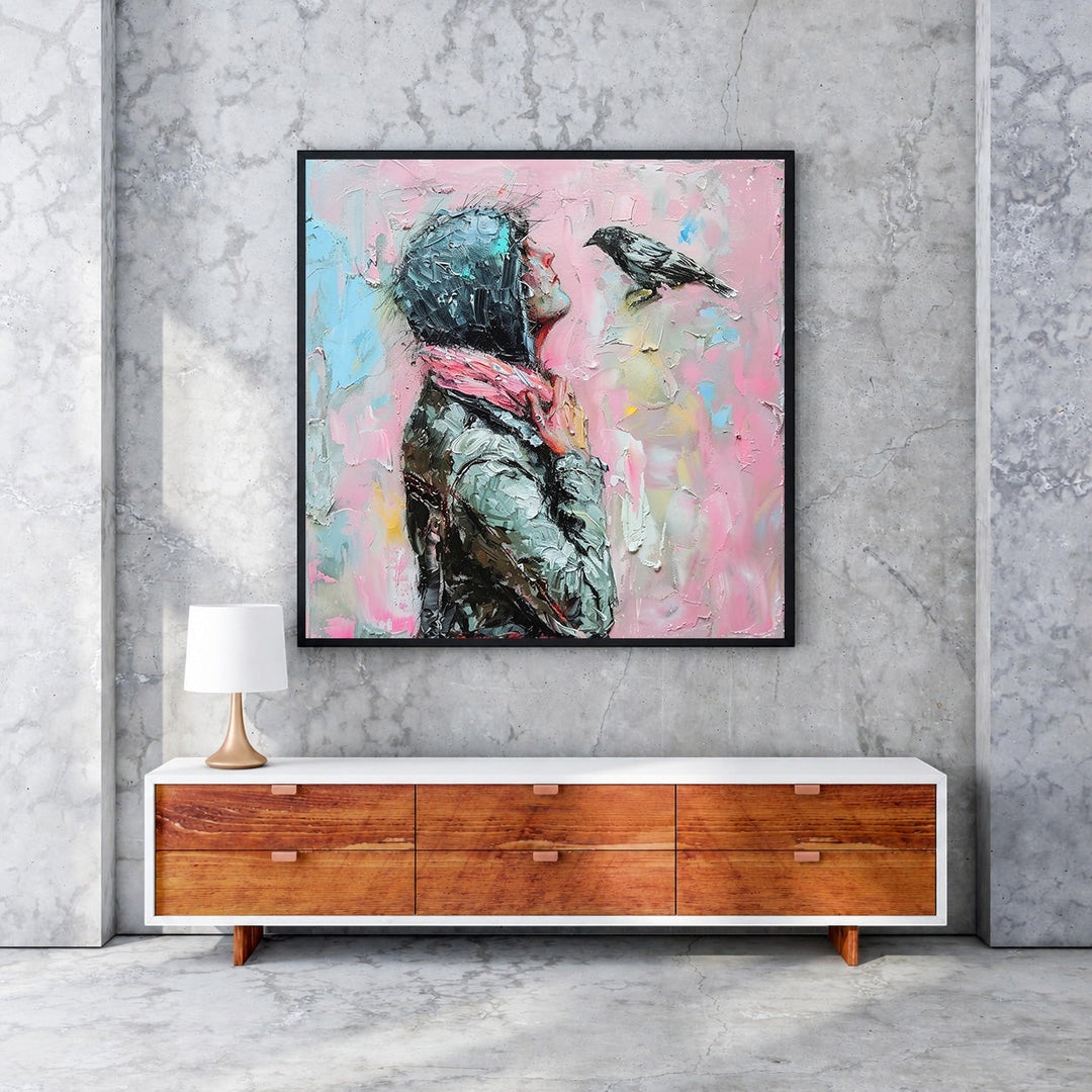 Wadi Home artwork: woman in hooded jacket and pink scarf looking at bird, textured pink background, impasto technique.