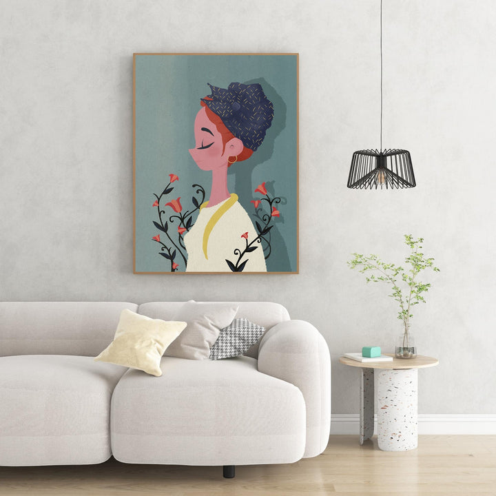Wadi Home wall art of a woman with a headwrap and red flowers on a teal background, minimalist illustration.
