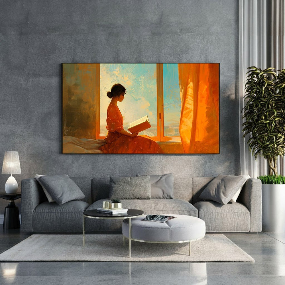 Wadi Home wall art of a woman in an orange dress reading by a window with orange curtains and blue sky.