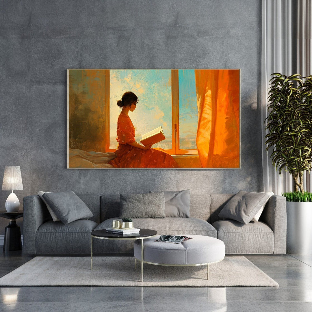 Wadi Home wall art: Woman in orange dress reading by window with blue sky and orange curtains.