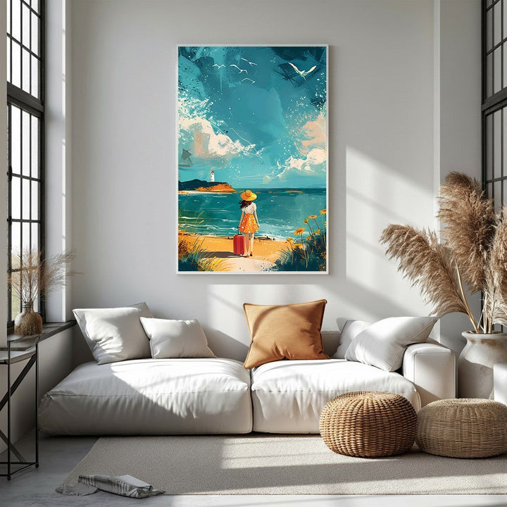 Wadi Home wall art of a woman with a red suitcase on a beach looking at a lighthouse and ocean.