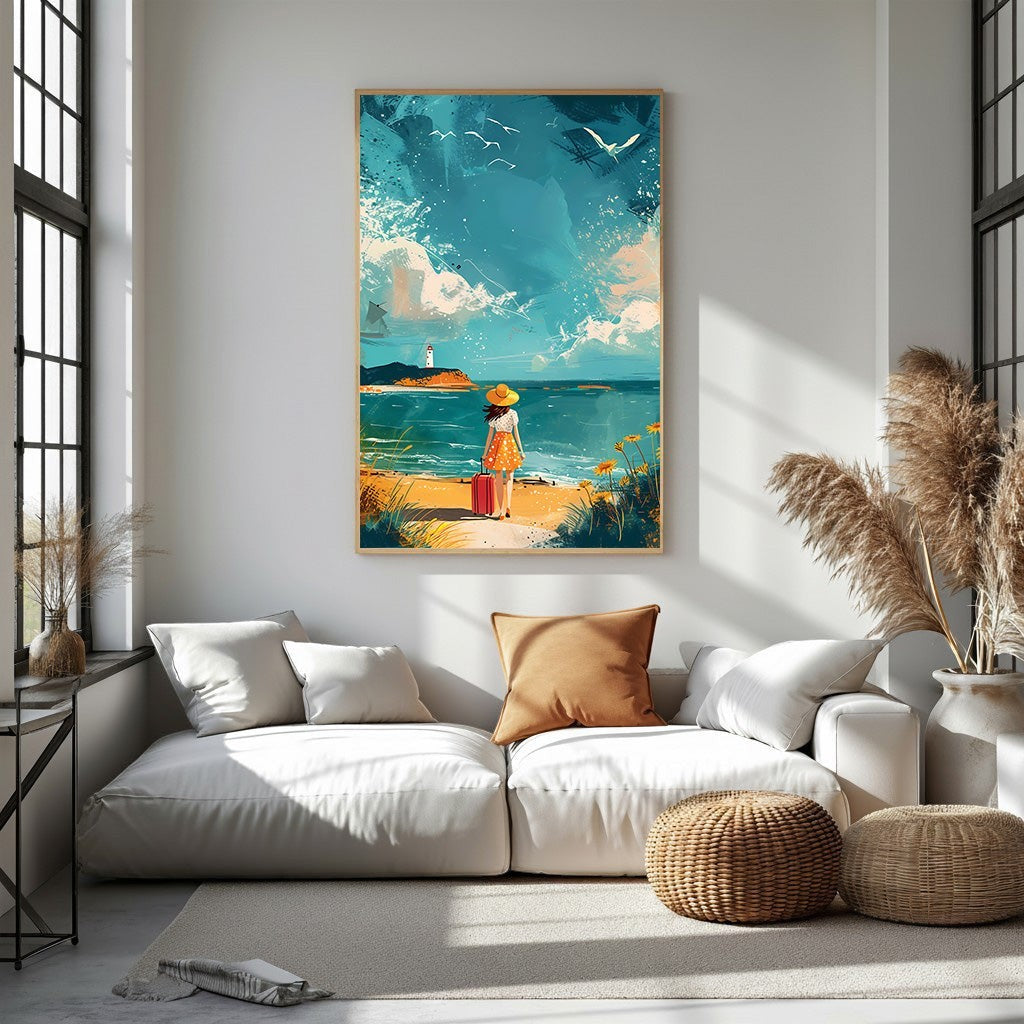 Wadi Home wall art of a woman with a red suitcase on a beach, looking at a lighthouse and the ocean.