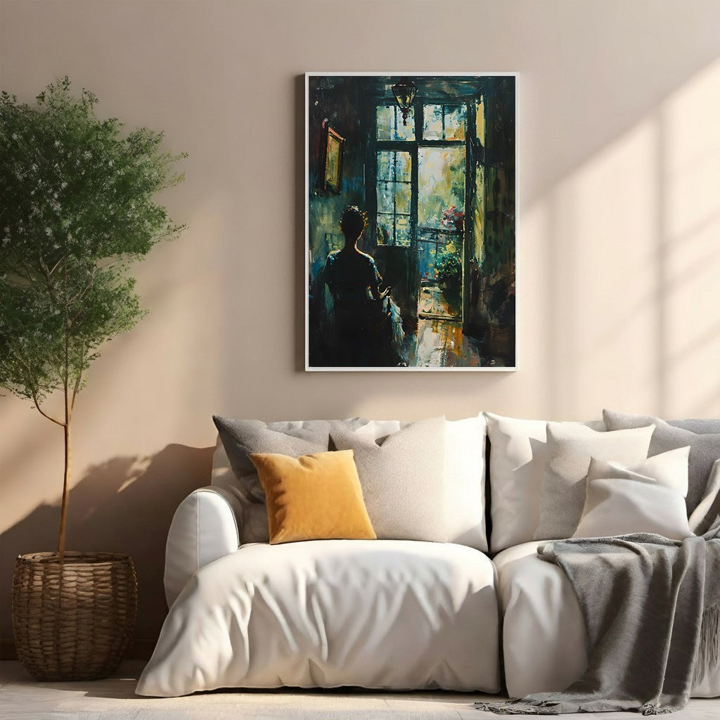 Wadi Home wall art depicting a woman looking out a window in a painterly style with dramatic lighting.