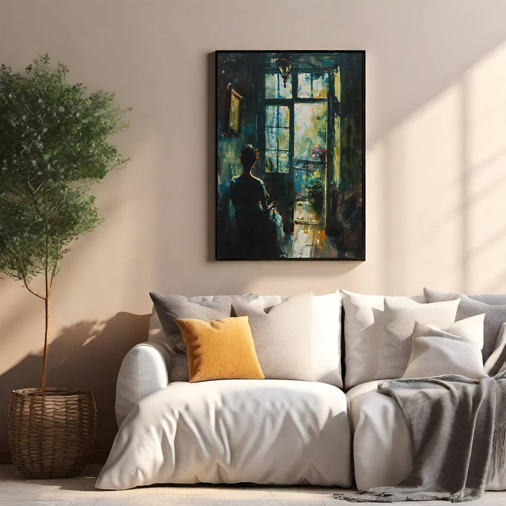 Wadi Home framed wall art of a woman looking out a window, painterly style, dramatic lighting.