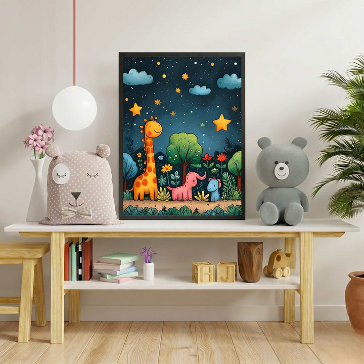 Wadi Home Whimsical Woodland Animals Night Sky Nursery Art featuring a giraffe, elephant, and piglet under a starry sky. Watercolor style.