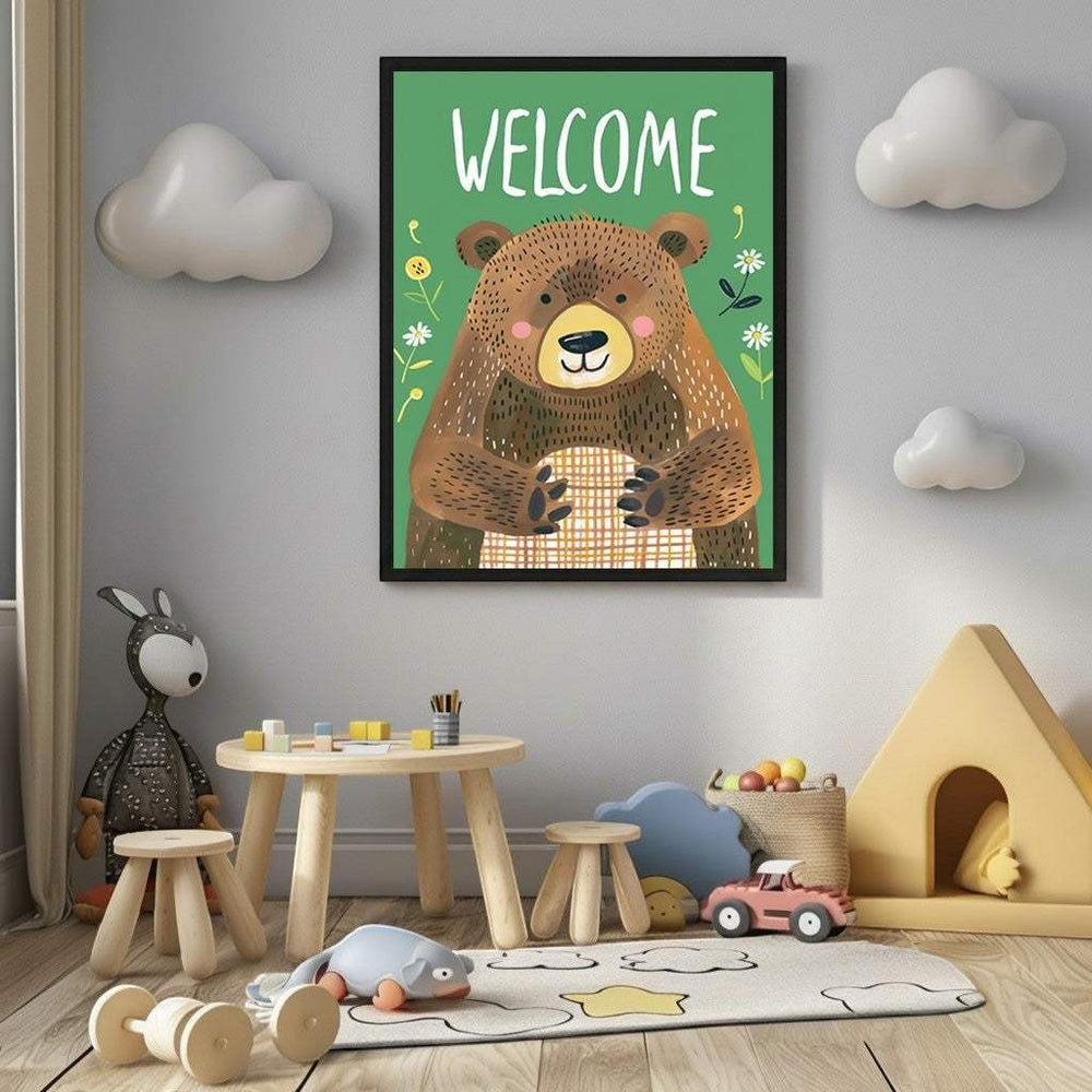 Wadi Home framed woodland bear art with 'WELCOME' text on green background, perfect for nursery decor.