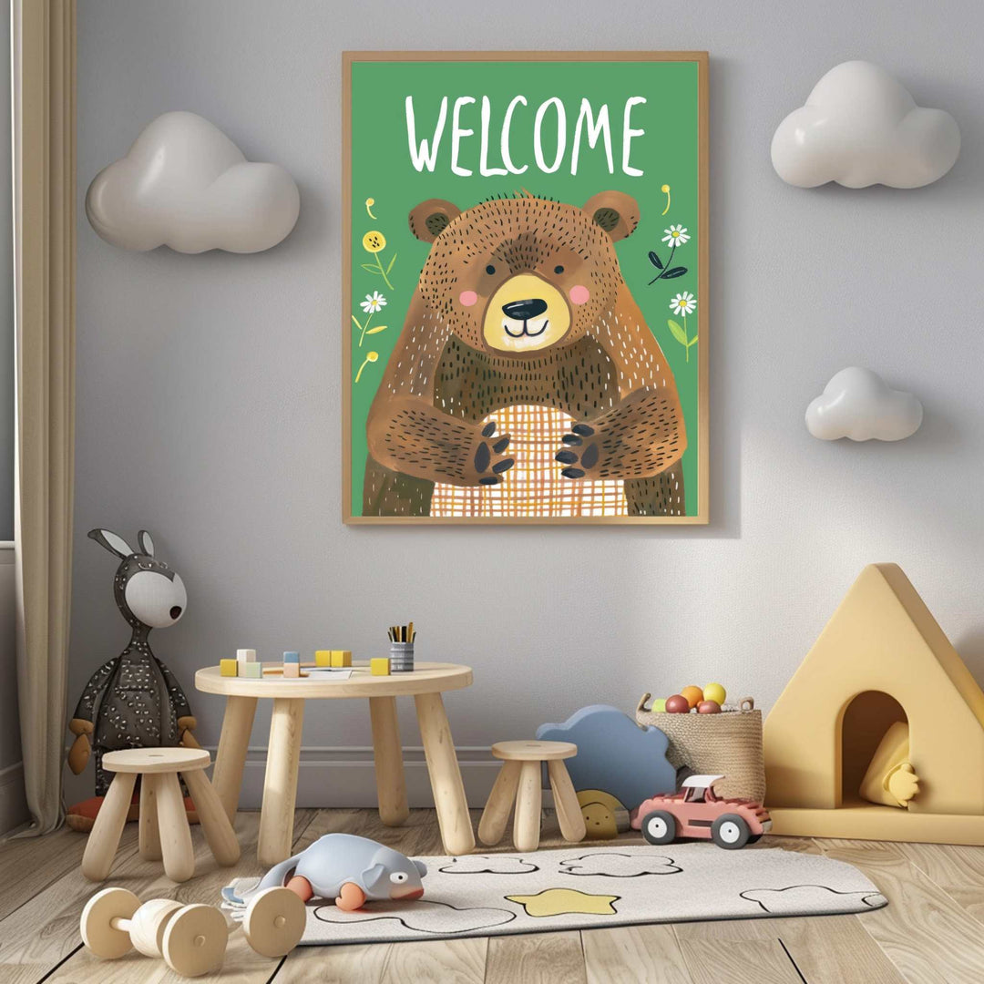 Wadi Home framed woodland bear welcome wall art with green background and white text.