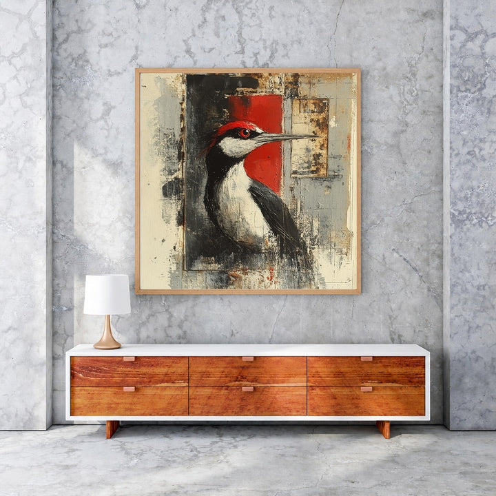 Wadi Home abstract woodpecker wall art with red accents and textured finish, framed in light wood.