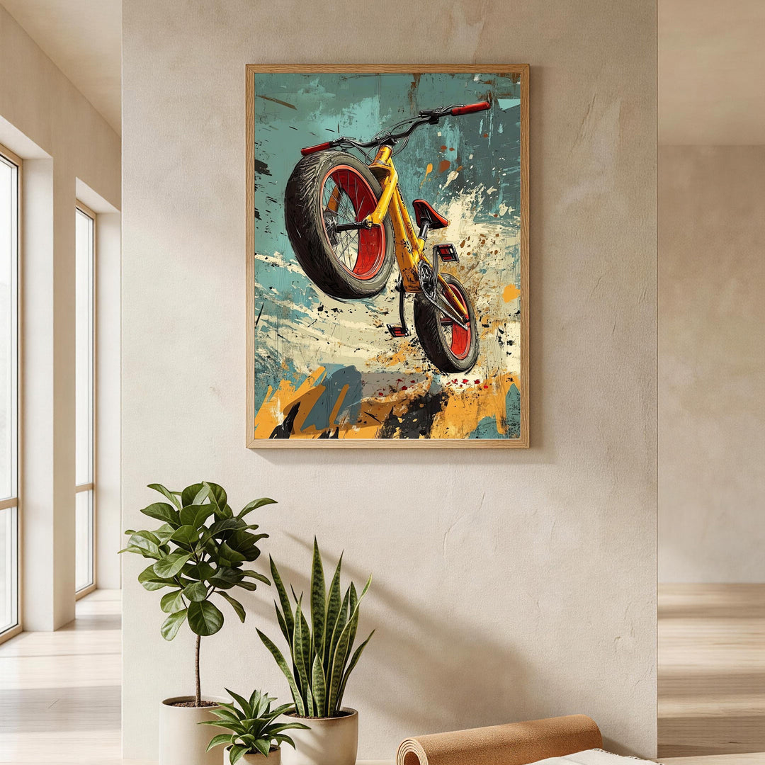 Wadi Home dynamic yellow bicycle art print with red accents, mid-air action, abstract background.