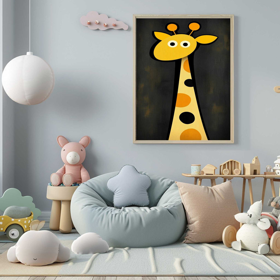 Wadi Home whimsical yellow giraffe nursery art with orange and black spots on dark textured background.