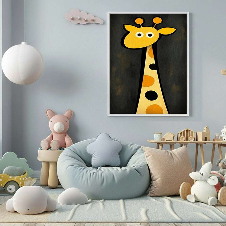 Wadi Home whimsical yellow giraffe nursery wall art with orange and black spots on dark textured background.