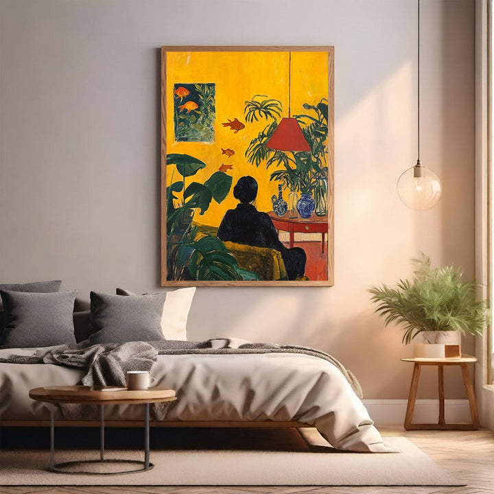 Wadi Home painting of a yellow room with green plants, goldfish, and a person sitting.