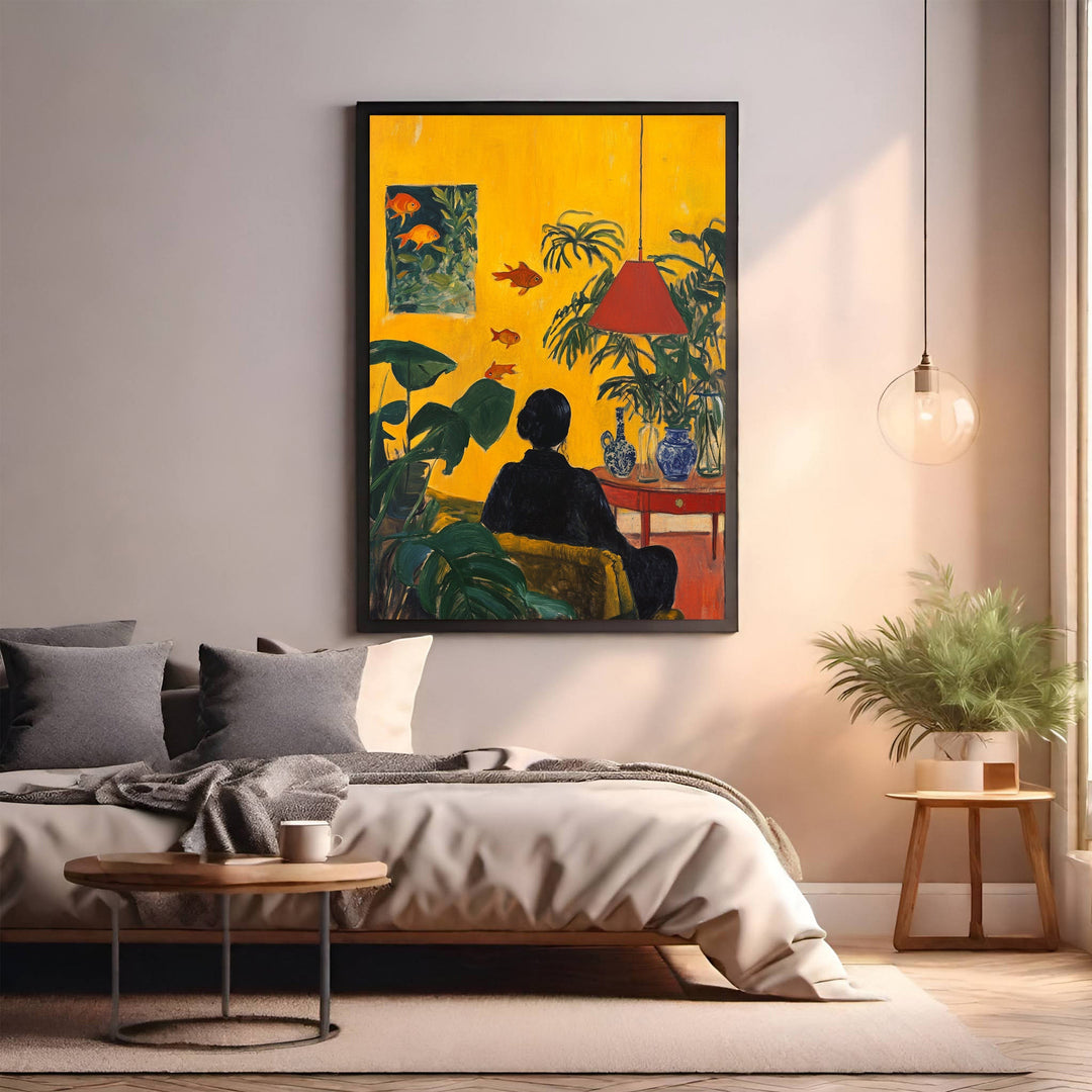 Wadi Home painting of a figure in a yellow room with plants and goldfish. Features a red lamp and blue vases.