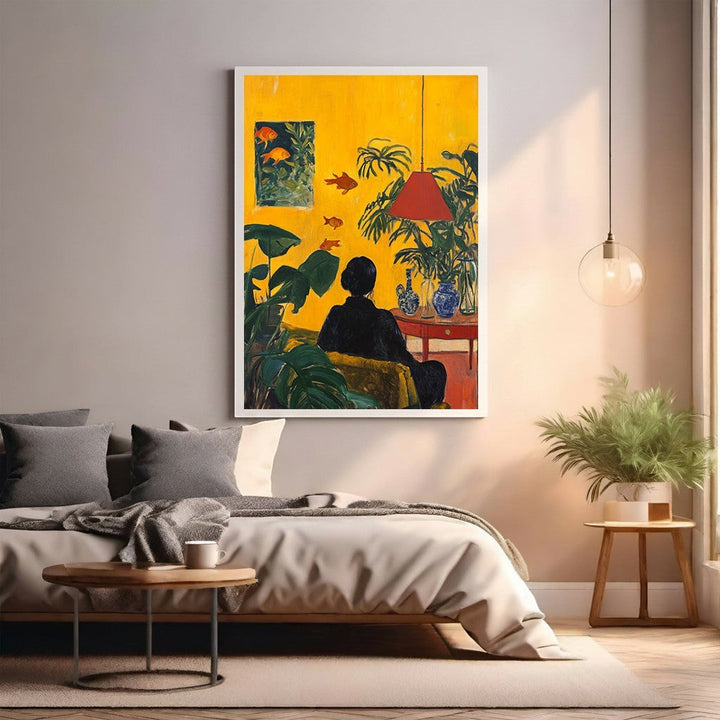 Wadi Home painting of a person in a yellow room with goldfish and plants. Features a red lamp and blue vases.
