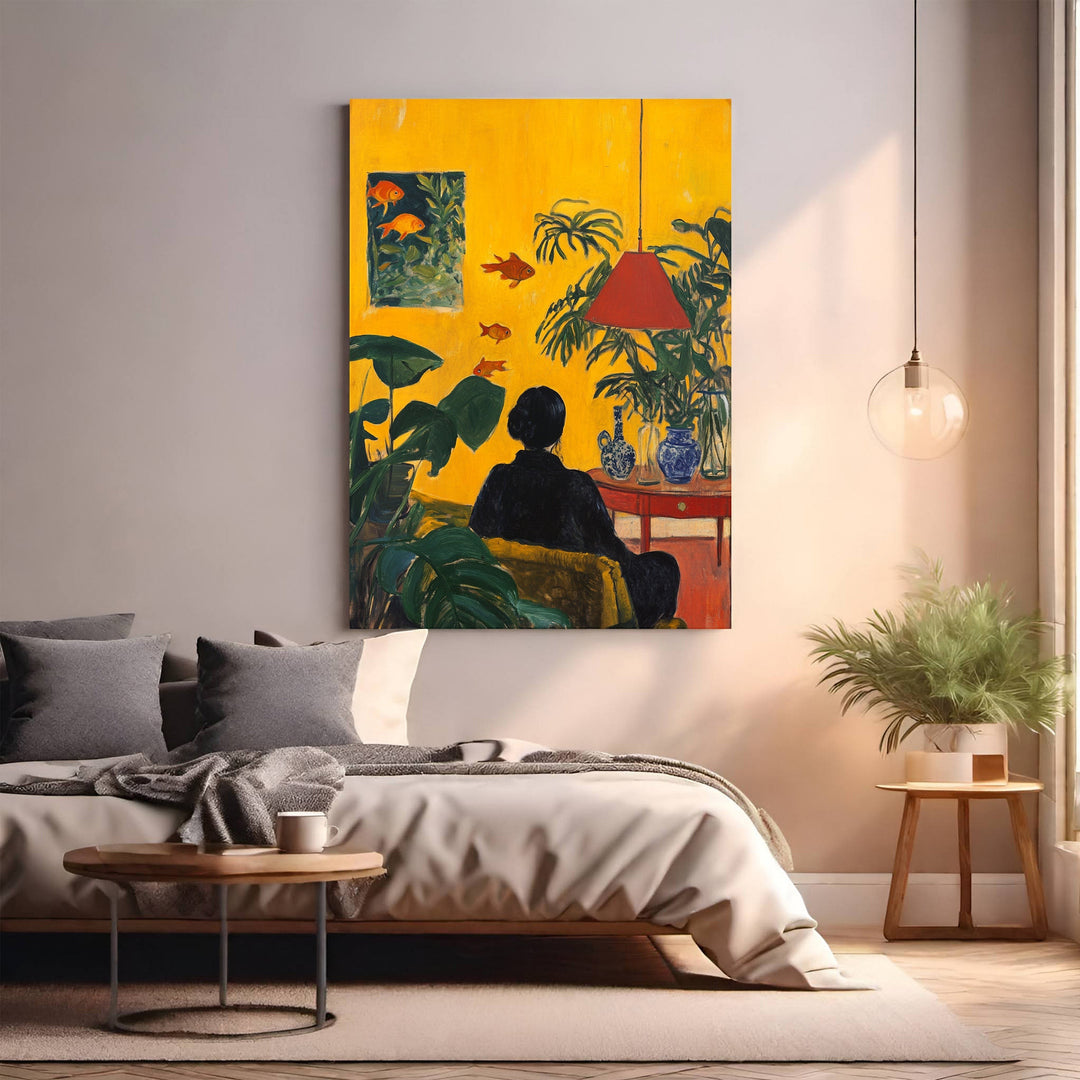 Wadi Home painting of a person in a yellow room with goldfish and plants. Features a red lamp and blue vases.