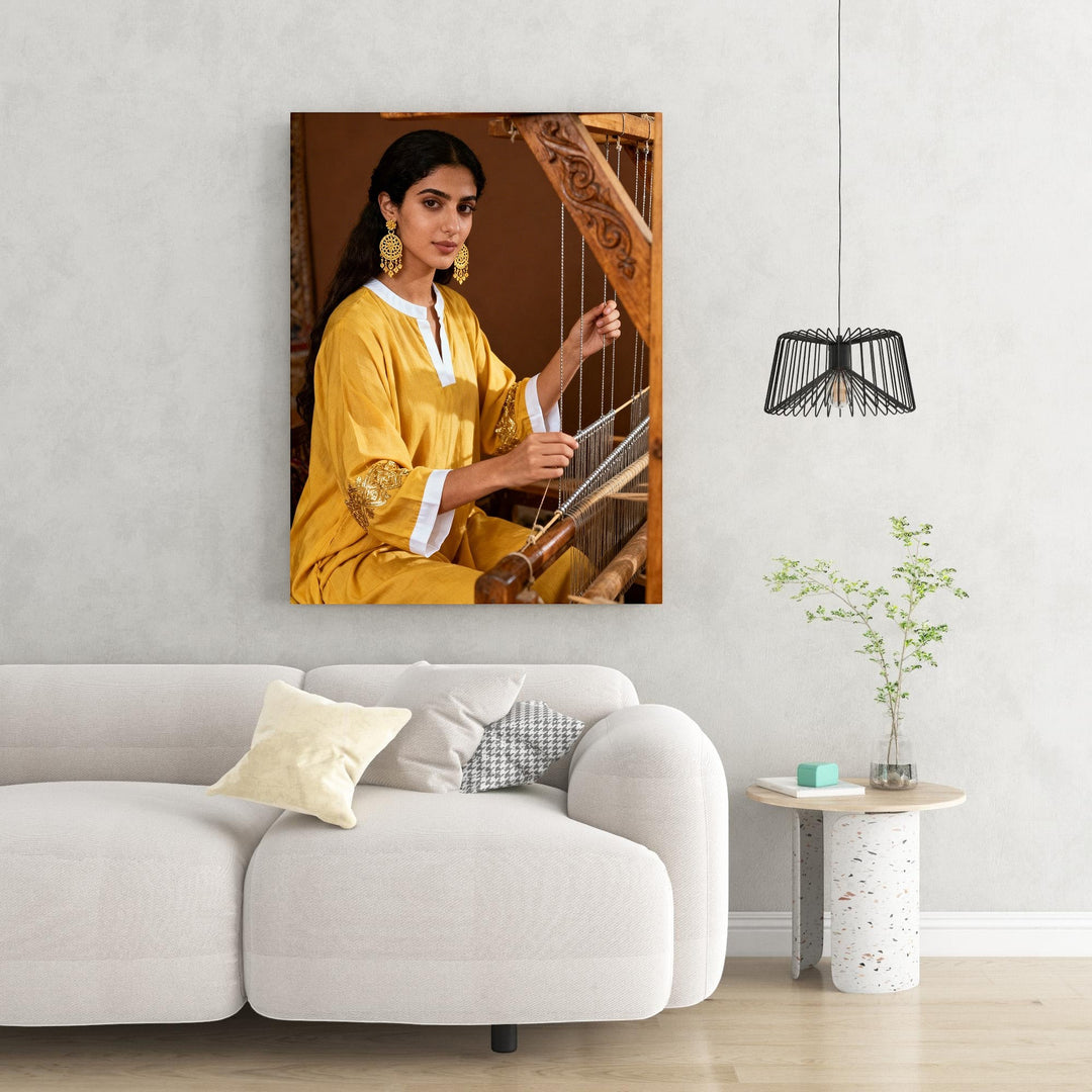 Wadi Home framed canvas print of a woman weaving traditional fabric. She wears a yellow tunic with gold embroidery and white cuffs, large gold earrings.