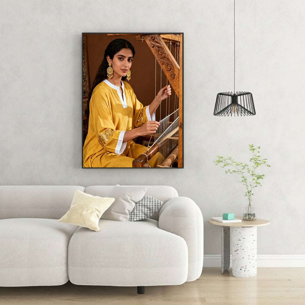 Wadi Home framed canvas print of a woman in a yellow tunic with gold embroidery weaving traditional fabric at a loom.