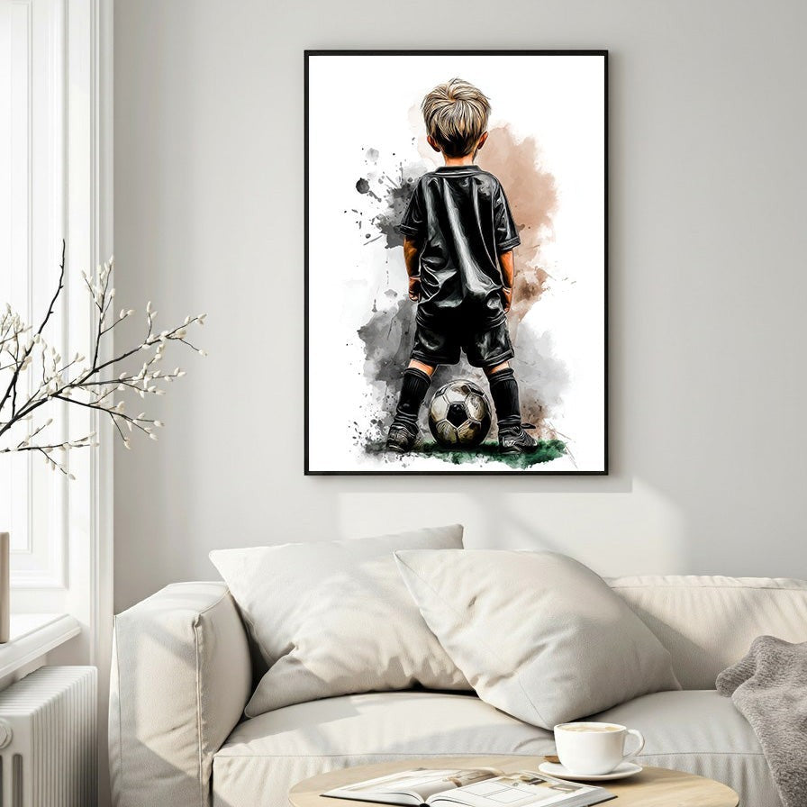 Wadi Home artwork of a young boy in a black soccer uniform with a ball at his feet, watercolor style.