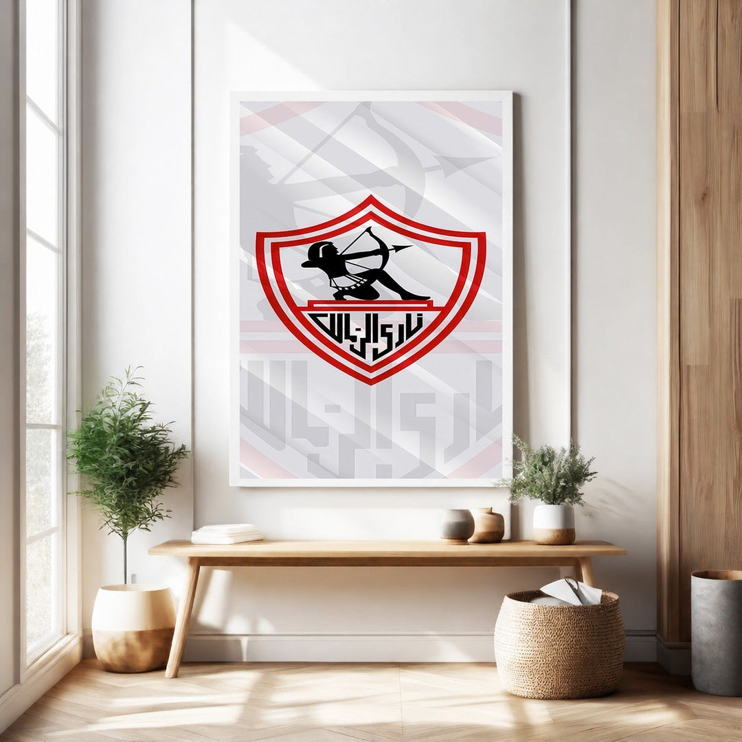 Wadi Home Zamalek Sports Team Emblem Wall Art, red and black shield with archer graphic, framed and ready to hang.
