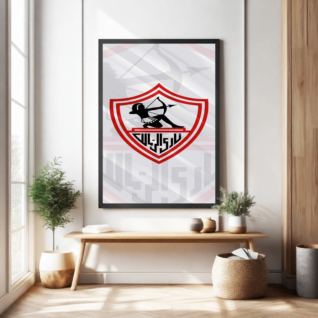Wadi Home Zamalek Sports Team Emblem wall art featuring a red and black shield with an archer and Arabic text, framed and ready to hang.
