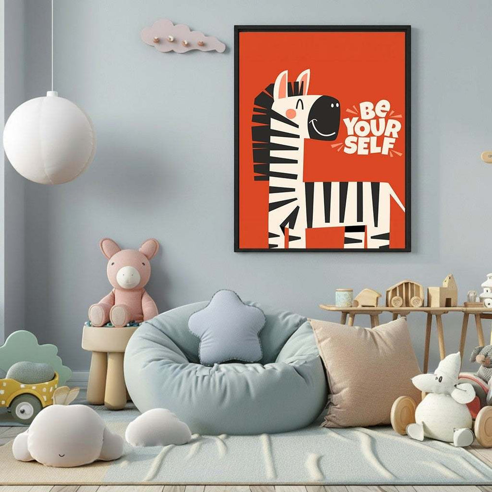 Wadi Home cute zebra motivational poster with "Be Yourself" text on orange background, framed art for child's room.