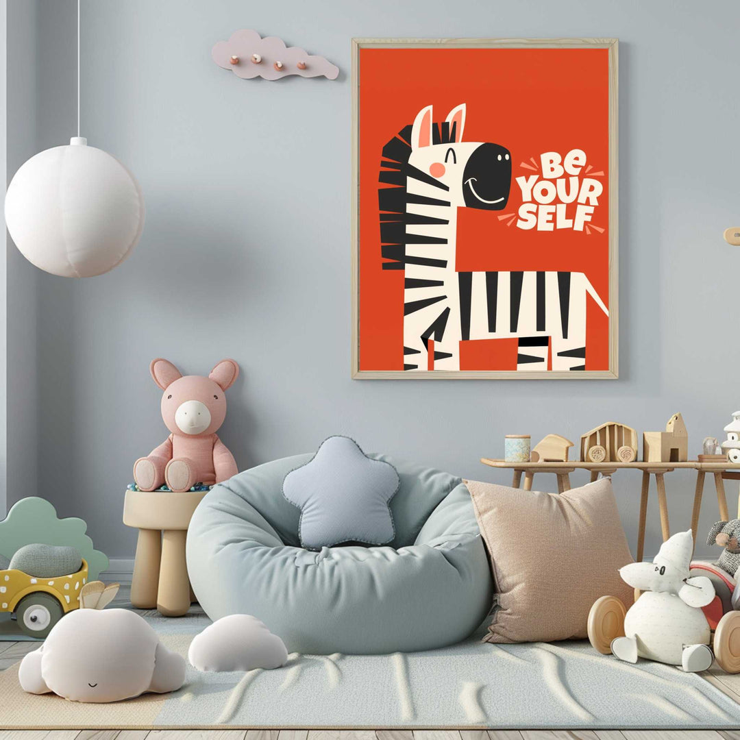 Wadi Home motivational poster featuring a cute, smiling zebra illustration on an orange background with the text "Be Yourself" in white.